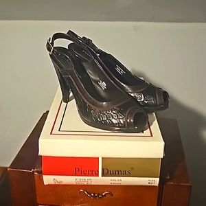 NWT Pierre Dumas Swingback Heels, Sz 8.5, Brown Patent Design, Open Toe, 3 Inch
